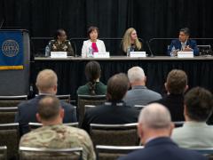 Left to right: Col. Tilisha Lockley, USA, Miyi Chung, Jerusha Cooper and Rodolfo Fuentes speak at TechNet Cyber 2025. Photo by David Abizaid, courtesy of DISA.