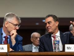 Emil G. Michael (r), the new undersecretary of defense for research and engineering, speaks to Troy Meink, who became the secretary of the Air Force, during their March 27 nomination hearings before the Senate Armed Services Committee. Credit: DOD photo by EJ Hersom