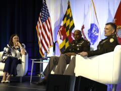 Lt. Gen. Susan S. Lawrence, Lt. Gen. Jeth B. Rey and Lt. Gen. David (Todd) Isaacson (l-r) speak on the importance of data-centric operations at TechNet Cyber 2025. Credit: Michael Carpenter Photography