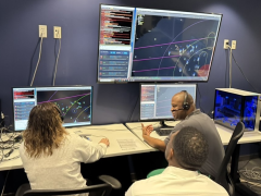 U.S. Air Force air battle managers participate in the Department of the Air Force’s Advanced Battle Management System Cross-Functional Team first Decision Advantage Sprint for Human-Machine Teaming, or DASH, experiment, held at the Howard Hughes Operations Center in Las Vegas, on April 8, 2025. (The image has been cropped to focus on the subjects.) Credit: U.S. Air Force photo