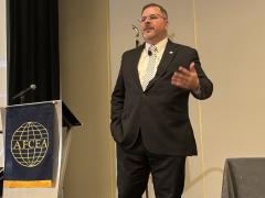 Winston Beauchamp, former director of security, Special Program Oversight and Information Protection and Competitive Activities in the Office of the Secretary of the Air Force, speaks July 16 at Tech Net Emergence 2025.