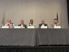 Mark Montgomery (far l) moderates, as panelists (l-r) Travis Rosiek, Ram Shetty, Henry Sienkiewicz and Jim Smid discuss resilient cybersecurity architectures on the second day of TechNet Emergence 2025 in Reston, Virginia. 