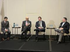 Panelists (l-r) Erwin Gianchandani, Sujai Shivakumar, John Beieler and moderator Charles Clancy conduct a fireside chat during the closing of the second day of TechNet Emergence 2025.