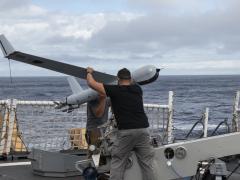 The ScanEagle UAS crew prepares to launch a drone in flight training exercises on NSC Hamilton in October 2022. Credit: U.S. Coast Guard photo by Petty Officer 3rd Class Alejandro Rivera
