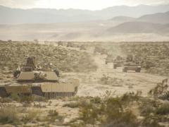 D2D-enabled vehicles could reduce the risk to life, according to a subject matter expert. Pictured are tanks caravanning across a desert in 2017. Credit: U.S. Army photo by Spc. JD Sacharok, Operations Group, National Training Center