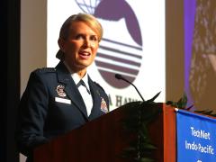 Lt. Gen. Laura Lenderman speaks on the first-in-a-generation department-level exercise series, REFORPAC, which was designed to combat air power in the Indo-Pacific region at speed and scale, and conduct operations in a contested, dynamic environment. Credit: Artistic Mindz Photography