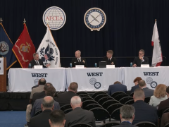 Sea service commanders speak during the 'Generating Readiness Across All Domains' panel discussion at WEST 2026.