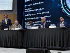 A panel of chief information officers discuss the plans for an enterprise-wide cyber talent management system at the Cyber Workforce Summit 2.0 on March 25, 2026. Credit: Col. Mike Black, USAF (Ret.)