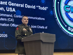 Lt. Gen. David Isaacson emphasizes the competitive nature of the cyber domain at the Cyber Workforce Summit 2.0 on March 26, 2026.