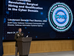 Lt. Gen. Paul Stanton, commander of the Department of War’s (DOW) Cyber Defense Command and director of DISA, speaks at the Cyber Workforce Summit held at the National Defense University in Washington, D.C.