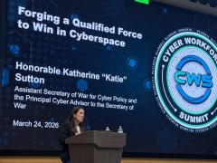 Katherine Sutton, assistant secretary of war for cyber policy and principal cyber adviser to the secretary of war, speaks at the Cyber Workforce Summit 2.0 held in Washington, D.C., on March 24, 2026.