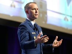 Brig. Gen. Reid Novotny, chief artificial intelligence officer at the U.S. Cyber Command, and cyber force generation lead at the Department of War, speaks at TechNet Cyber 2026 in Baltimore. Credit: Pure Light Images