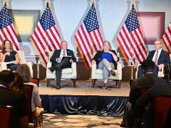 Panelists (l-r) Sue Kalweit, owner of Vector Insights Consulting LLC; Shannon Jenkins, senior Arctic policy advisor, Polar Coordination Office; Vice Adm. Peter Gautier, USCG, (Ret.), president of Gautier Consulting LLC; and Maj. Gen. Connie Jenkins, USAF (Ret.), former director of logistics and engineering at North American Aerospace and Defense Command and U.S. Northern Command, discuss at the 2026 Intelligence & National Security Summit in Bethesda, Maryland. Credit: Herman Farrer Photography 