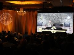 Maj. Gen. Patrick Ellis, USA, speaks via video feed to attendees at AFCEA International's TechNet Augusta on August 18. Credit: Hillary Kay Studios