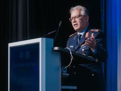Maj. Gen. Armin Fleischmann, DEU AF, commander of the Cyber and Information Domain (CID) Support Forces and deputy chief of staff of the Capabilities CID Command at the Ministry of Defence in Germany, addresses TechNet Europe 2026 in Berlin. Credit: Robin Wulff