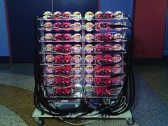 The Argos multiple-antenna array prototype combines 64 standard cellphone antennas into one base station that can send data directly to 16 different devices at the same time.