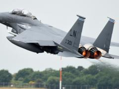 A F-15E Strike Eagle from the 492nd Fighter Squadron takes off from Royal Air Force Lakenheath, England on May 27 during a large force exercise. The U.S. Air Forces in Europe and Africa and airmen from the 48th Fighter Wing conducted the dissimilar air combat training to advance combat readiness and increase tactical proficiency to help strengthen the NATO alliance. Credit: U.S. Air Force photo by Air Force Senior Airman Christopher Sparks