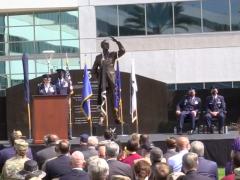 Lt. Gen. Michael Guetlein, USSF, commander, Space Systems Command, pictured at the podium during the official stand up ceremony of the U.S. Space Force’s new Space Systems Command August 13, takes the reins as the command’s first leader.