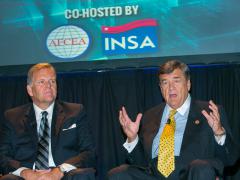 Rep. Mike Rogers (R-MI), chairman of the House Permanent Select Committee on Intelligence (l), and Rep. Dutch Ruppersberger (D-MD), ranking member of the committee, discuss intelligence oversight issues at the AFCEA/INSA Intelligence and National Security Summit 2014.