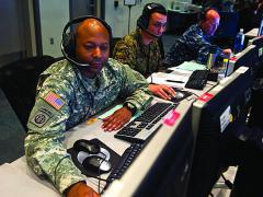 A U.S. Army soldier monitors information in a combined air and space operations center during a Red Flag exercise. Future U.S. Air Force networking will involve greater joint connectivity among its own air assets and land and sea units of other services.