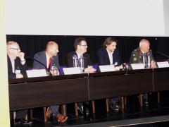 Panelists discussing cyber issues at TechNet Europe 2016 include (l-r) Dr. Phil Jones, Airbus Defense and Space; Dennis Pieterse, CGI; Peter Rost, Rohde & Schwarz Cybersecurity GmbH; Christoph Erdmann, Secusmart GmbH; and Brig. Gen. Hans Folmer, NEA, Netherlands Defense Cyber Command.
