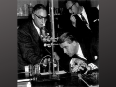 Gas Cell Battery, 1959. Dr. Werner Von Braun, chief scientist of the U.S. Army’s missile program, inspects the gas cell battery under study at the U.S. Army Signal Corps Research and Development Laboratory. Arthur Daniel, left, explains how the battery converts hydrogen and oxygen to electrical power directly. Looking on is Leonard Rokaw, chief of technical information at the laboratory. Von Braun’s visit included a tour of the space electronics facilities. Credit: Fort Monmouth (Images of America)
