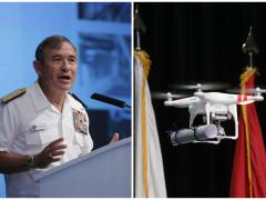 Adm. Harry B. Harris, USN, commander, U.S. Pacific Fleet, discusses the need for innovation to maintain U.S. superiority after receiving the text of his speech from a remote controlled drone.