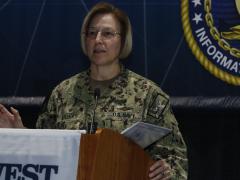 Vice Adm. Kelly Aeschbach, USN, commander, Naval Information Forces, describes the Navy's information warfare thrust at WEST 2022. Photo by Michael Carpenter