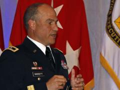 Maj. Gen. David Bassett, the Army’s PEO for command, control and communications-tactical, speaks at TechNet Augusta. Photo by Michael Carpenter