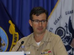 Rear Adm. Boris Becker, commander of the Space and Naval Warfare Systems Center, speaks during a panel at West 2019. Photo by Michael Carpenter