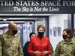In this image from December 2020, former Secretary of the U.S. Air Force, Barbara Barrett, walks with Air Force Chief of Staff, Gen. Charles Brown, before a ceremony unveiling the newly decorated Space Force hallway at the Pentagon. Photo courtesy U.S. Air Force 