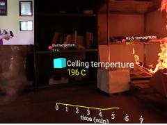 A researcher (inset) uses extended reality (XR) with digital overlays to determine how a fire spreads in a room. The National Institute of Standards and Technology (NIST) experiments with XR to evaluate materials for fire-resistant characteristics without putting humans at risk. NIST