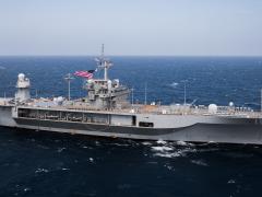 The U.S. 7th Fleet's flagship, USS Blue Ridge (LCC 19), sails in the Philippine Sea in April 2021. The Navy is looking for industry cyber solutions to help protect the fleet in a contested maritime environment. Credit: U.S. Navy photo by Mass Communication Specialist 2nd Class Reymundo A. Villegas III