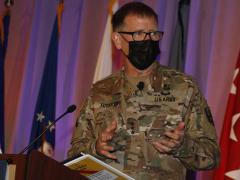 Lt. Gen. Stephen Fogarty, USA, commander, U.S. Army Cyber Command, addresses the audience at TechNet Augusta 2021. Photo by Michael Carpenter