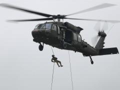 Soldiers rappel from an Army UH-60 Black Hawk helicopter during an air assault course at Grafenwoehr Training Area, Germany, September 16, 2021. An artificial intelligence system that provides biofeedback for rotary wing aircraft pilots won the fifth iteration of the XVIII Airborne Corps Dragon’s Lair competition. Photo by Markus Rauchenberger, U.S. Army 