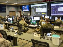 U.S. Army leaders detail the capabilities of the Joint Task Force-Civil Support common operating picture during a Joint All-Domain Command and Control System demonstration. The system synergizes multiple data feeds through real-time end-user reporting and collaborative planning. Photo Courtesy of the Defense Department