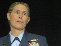 Vice Adm. Sandra Stosz, USCG, deputy commandant, Mission Support, U.S. Coast Guard, speaks at the AFCEA Homeland Security Conference.