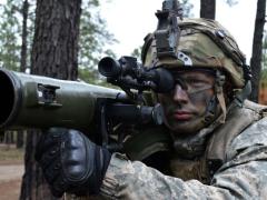 With an M3 anti-tank weapon on his shoulder, Army Spc. Austin Helms stands guard at Fort Polk, Louisiana, on February 15. The Army's science and technology research is focusing on increasing soldier lethality through improved situational awareness, among other strategies. Army photo by Staff Sgt. Armando R. Limon