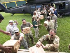 U.S. Army soldiers unload critical supplies in Puerto Rico. The Army also is providing satellite communications in support of hurricane relief efforts in Puerto Rico and the U.S. Virgin Islands.