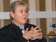 Brig. Gen. Jennifer Buckner, USA, director of cyber, electronic warfare, and information operations, Department of the Army G-3/5/7, addresses modernization effort during a Women in Leadership Panel at AFCEA Belvoir Industry Days. Credit: Michael Carpenter