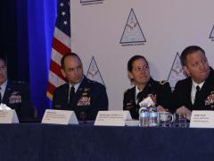 U.S. Air Force, Army and Navy leaders address C4ISR capability gaps and needs during an AFCEA DC Chapter breakfast. From l-r, Maj. Gen. Martin Whelan, USAF; Brig. Gen. Kevin Kennedy, USAF; Maj. Gen. Jody Daniels, USA; and Capt. Jeff “Caesar” Czerewko, USN. Photo by Mike Carpenter