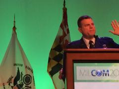 Maj. Gen. Dwyer Dennis, USAF, addresses attendees on the final day of MILCOM 2016 in Baltimore.