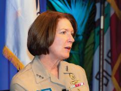 Vice Adm. Nancy Norton, USN, director, DISA, and commander, Joint Force Headquarters–Department of Defense Information Network, speaks at West. Photo by Michael Carpenter