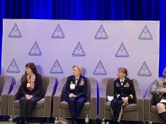 Women leaders from the U.S. Defense Department speak during an AFCEA DC Chapter monthly breakfast. From l to r: moderator Mary Legere; Barbara Hoffman; Lt. Gen. VeraLinn "Dash" Jamieson, USAF; Brig. Gen. Patricia Frost, USA; and Lynn Wright.