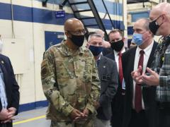 Another way specific joint warfighting roles and missions could be defined is through the Joint Requirements Oversight Council, says Air Force Chief Gen. Charles Brown (c). Gen. Brown recently visited Robins Air Force Base, Georgia, with David Foskey (r), 573rd Manufacturing Squadron director and Georgia Congressman Austin Scott (l) for an update on the base’s propeller overhaul for the C-130, a key aircraft for joint warfighting. Credit: U.S. Air Force photo by Tommie Horton