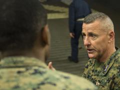 Lt. Gen. Robert F. Hedelund, USMC, commander, U.S. Marine Corps Forces Command, speaks to Marines with the 26th Marine Expeditionary Unit aboard the amphibious assault ship USS Bataan during Composite Training Unit Exercise (COMPTUEX) in the Atlantic Ocean. U.S. Marine Corps photo by Cpl. Nathan Reyes