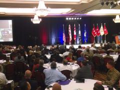 Lt. Gen. Ben Hodges, USA, commander, U.S. Army Europe, speaks to the attendees of TechNet Augusta via video teleconference.