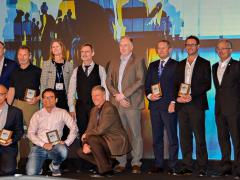 NCIA General Manager Kevin Scheid (2nd row, l) and AFCEA Europe General Manager Maj. Gen. Erich Staudacher, GEAF (Ret.), (2nd row, 3rd from r) congratulate the 10 winning participants in the 2018 NITEC Defence Innovation Challenge. Each company had five minutes to present their product to attendees. The competition drew 35 submissions. Photo courtesy of Chuck Helwig