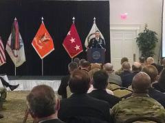 Brig. Gen. (P) Brian J. Mennes, USA, director of force management, HQDA, deputy chief of staff, G-3/7, describes the operational environment at the AFCEA Army Signal Conference in Springfield, Virginia.