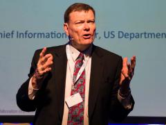 Defense Deparment CIO Terry Halvorsen addresses the NITEC 2016 conference in Tallinn, Estonia. Photo by Marcos Fernandez Marin, NCI Agency